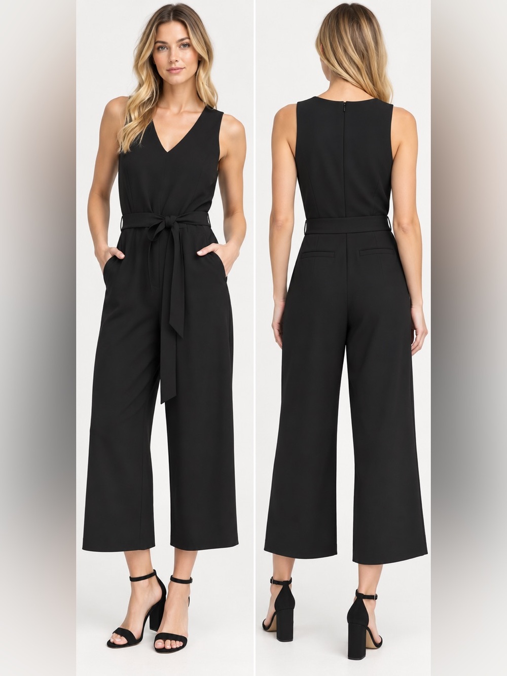 Banana Republic Black Sleeveless V-Neck Wide-Leg Jumpsuit with Waist Tie 4 Small